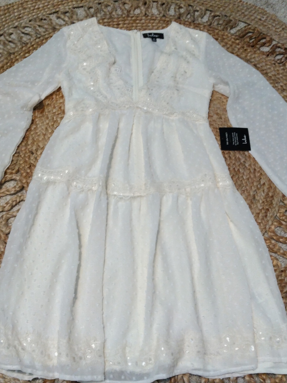Lulus Cream Solid Lace V-Neck Long Sleeve Tiered Lined Mini Dress XS-NWT